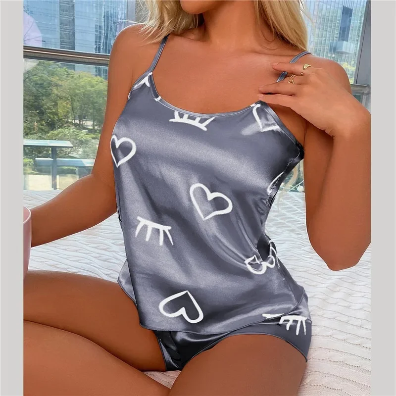 

Women Sexy Ice Silk Thin Pajamas Sleepwear Pajama Set Camisole Shorts Gray Pink Low Cut Comfortable Casual Summer