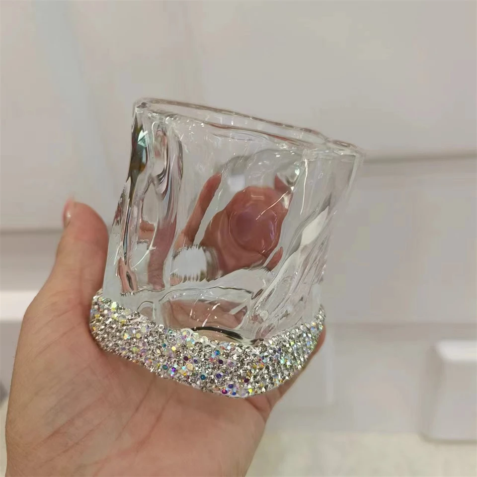 Glass Irregular Cups Creative Twisted Grain Cup with Rhinestones Abnormal Shape Frosted Transparent Whiskey Glass Wine Glasses