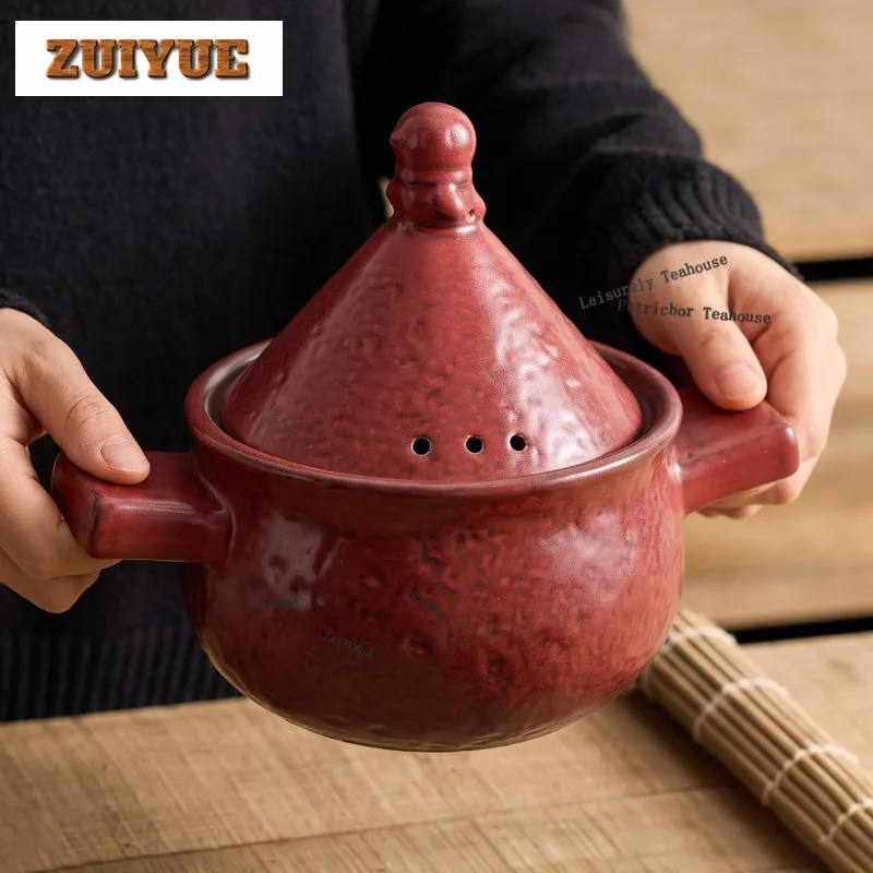 HOYIHM 1100ml Hawthorn Red Ceramic Casserole Pot Double Ear Clay Pot For Gas Stove Heat Resistant Chinese Rice Soup Stew
