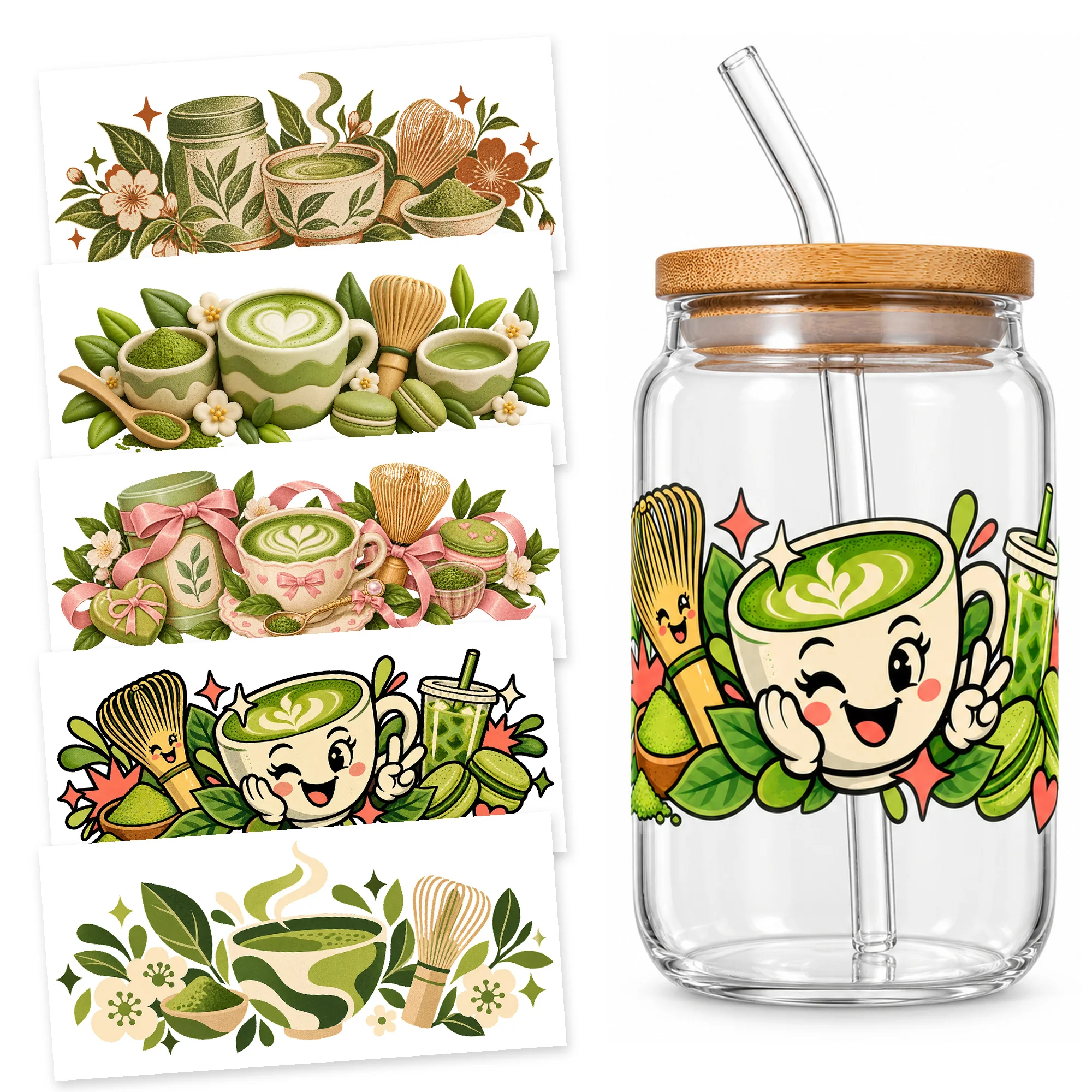 UV DTF Cup Wrap Transfer Stickers 5 Matcha Tea Designs Bowls Bamboo Whisks Leaves and Pink Bows for 16oz Glass Cups