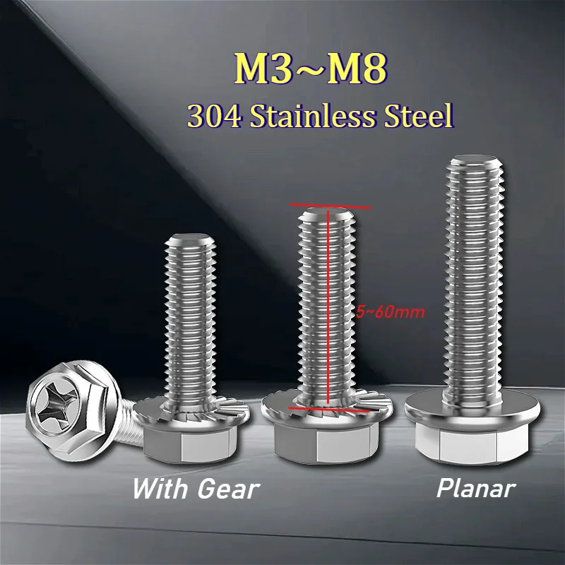 304 Stainless Steel Phillips Flange Bolts M3 M4 M5 M6 M8 External Hex Hexagon Screw Bolt With Gear/Planar Metric Thread 5~60mm