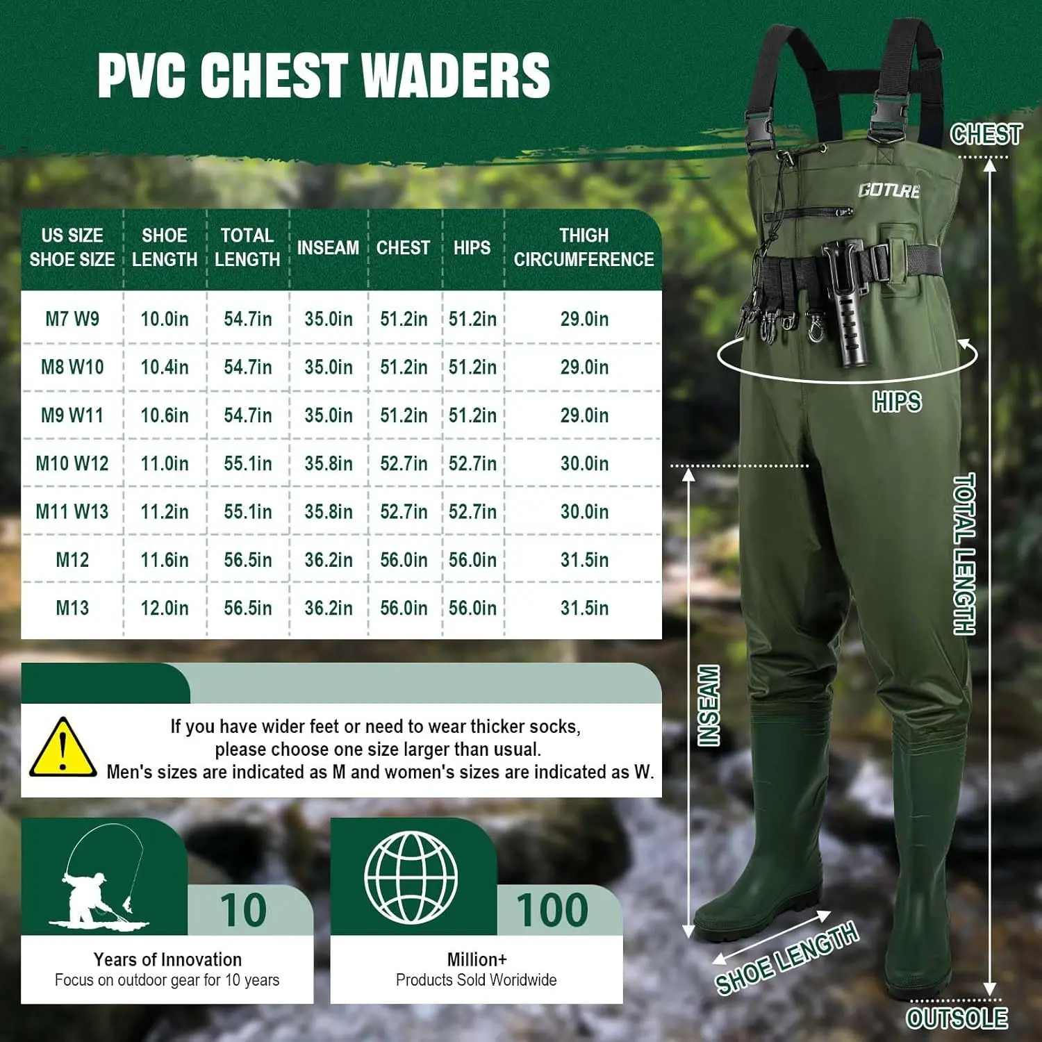 Goture 2-Ply Nylon PVC Chest Waders with Boots Waterproof Fishing Waders Men Women Full Set with Phone Bag Repair Kit