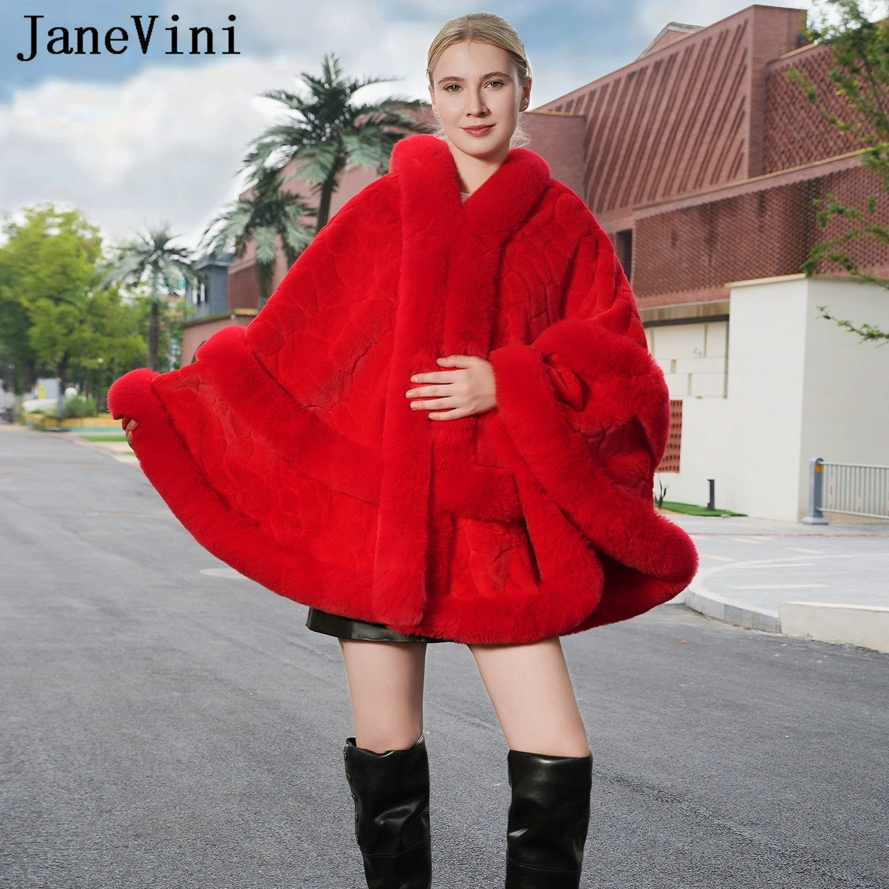 

JaneVini 2026 New Red Hooded Bridal Bolero Faux Fur Wedding Cloak Shrugs Woman Elegant Jacket Coat Wrap Shawl Capes Accessories