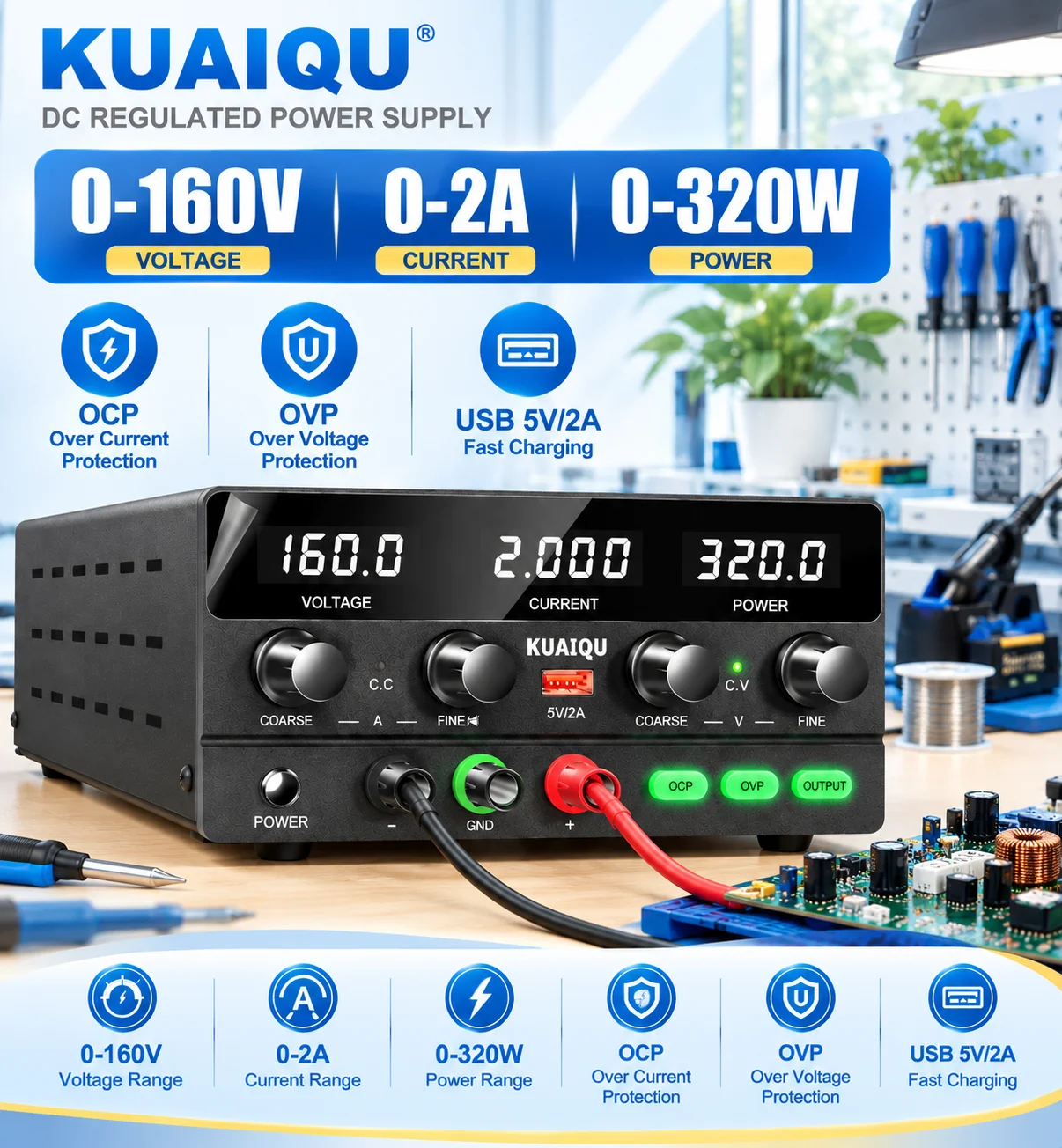 KUAIQU 160V 2A 320W Lab DC Power Supply OCP OVP Adjustable Voltage Regulator 30V 10A Switching Stabilizer Source For Repair DIY