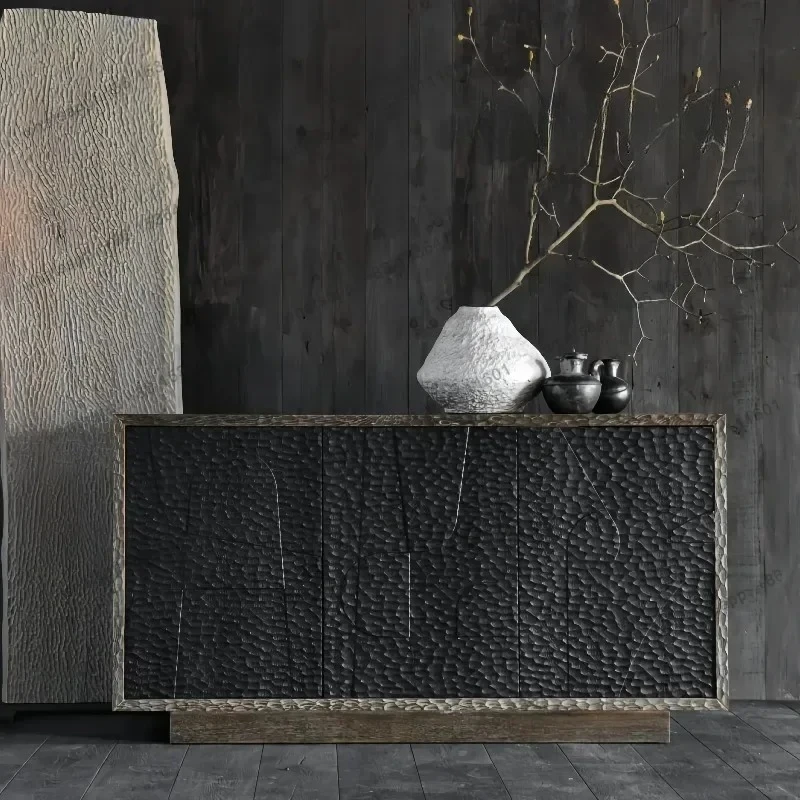 Solid wood dining side cabinet retro style hammer pattern designer home living room entrance cabinet light luxury style