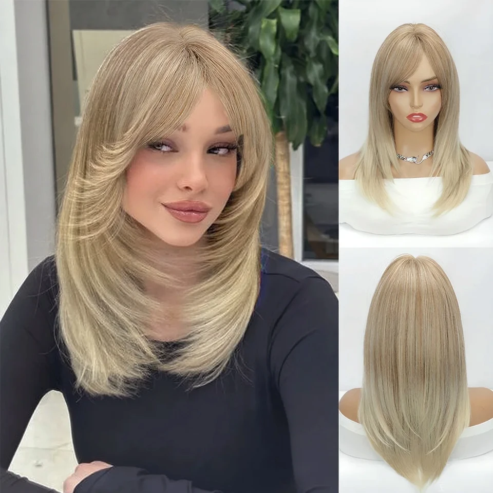 

Ombre Blonde Synthetic Wigs with Bangs Long Straight Bob Hair Wig for Women Cosplay Daily Natural Hair Heat Resistant