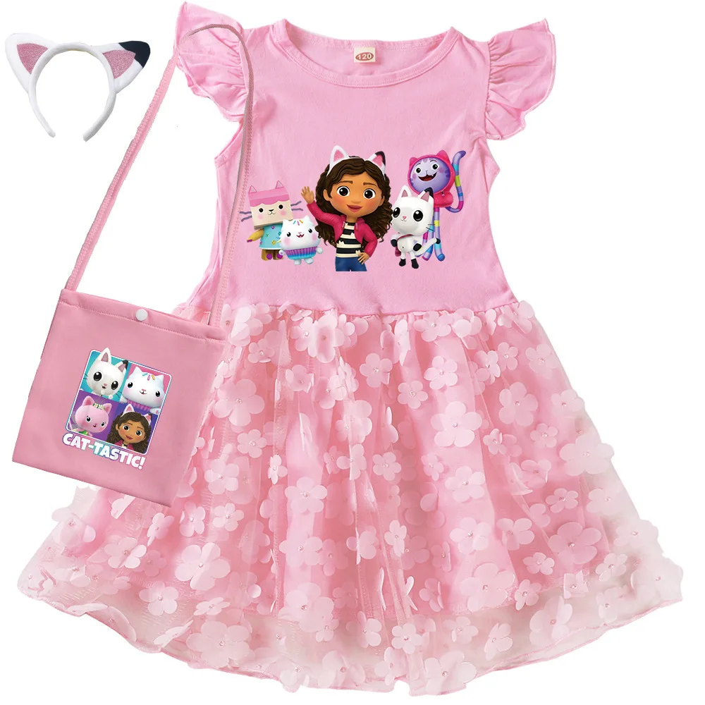 Vestidos Gabbys Dollhouse Clothes Kids Cartoon Gabby Chat Dress Baby Girls Summer Short Sleeve Casual Dresses and Bag & Headband