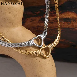 HangZhi Punk Stainless Steel Cuban Chain Heart Necklace Hollow Flat Snake Chain Vintage Chunky Jewelry for Women Men