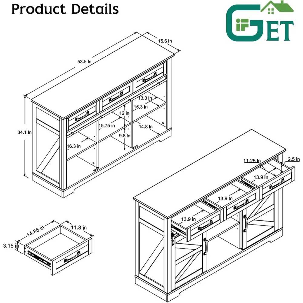 Gabinete buffet de granja, aparador de 53 pulgadas con 3 cajones, gabinete de almacenamiento rústico con puerta corrediza de granero, gabinete de cafetería para D