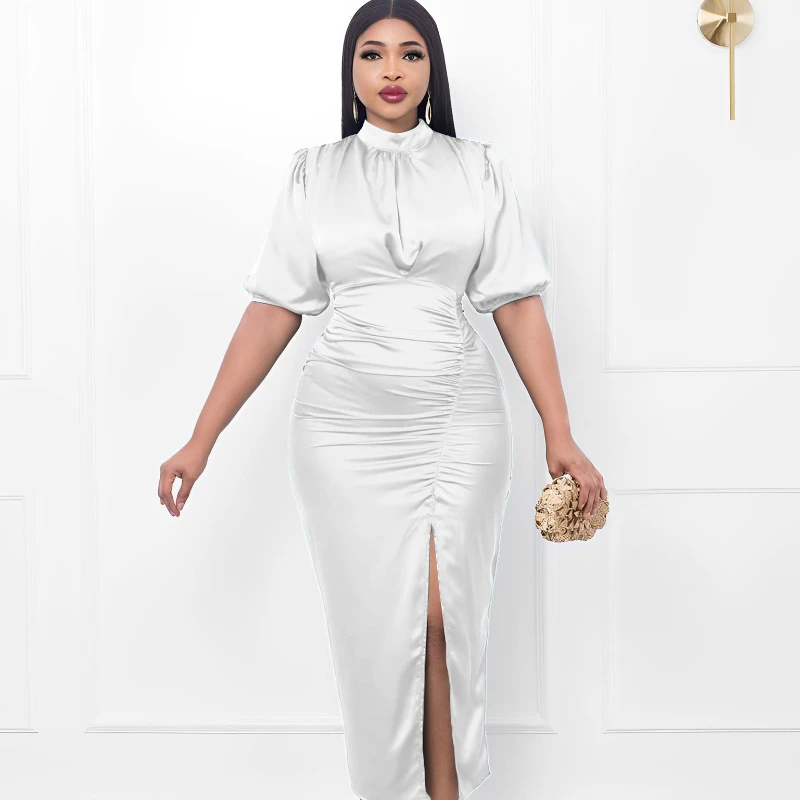 2023 Muslim Islam Abaya African Women's High-necked Tight-fitting Skirt Elegant High Split Pleated Dress for Europe and America