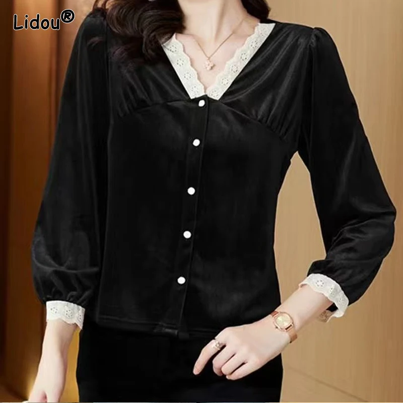 Temperament Skinny Premium V-neck Button Patchwork Ruffles Autumn Winter Thin Casual Solid Vintage Women's Clothing Dignified