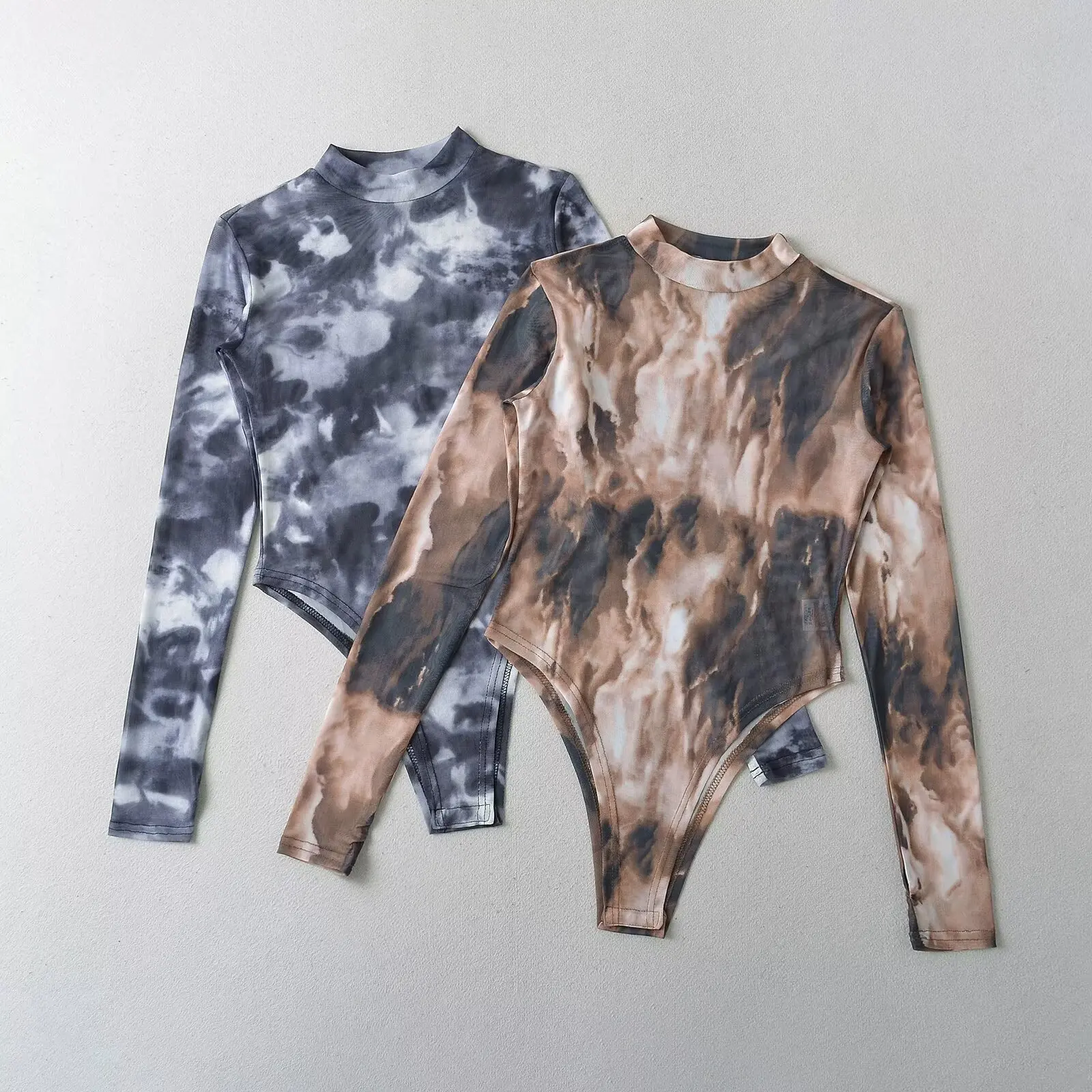 Bodysuit wanita sheer mesh tie-dye warna gradasi seksi 2025, lengan ekstra panjang, jumpsuit transparan, slim rompers playsuit