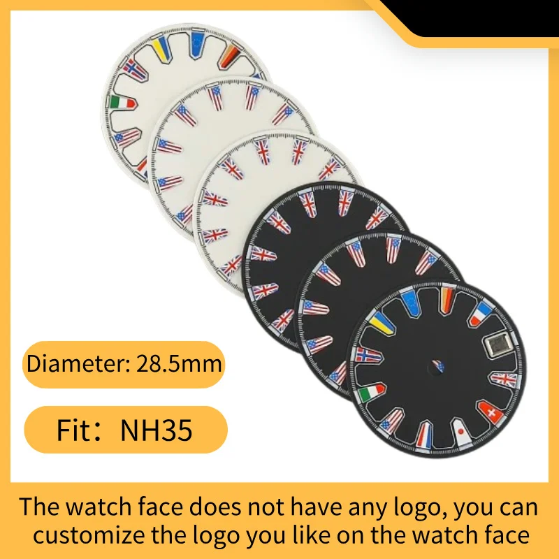 28.5mm flag watch dial suitable for NH34 NH35 NH36 movement installation watch parts, blue-green luminous dial, DIY LOGO