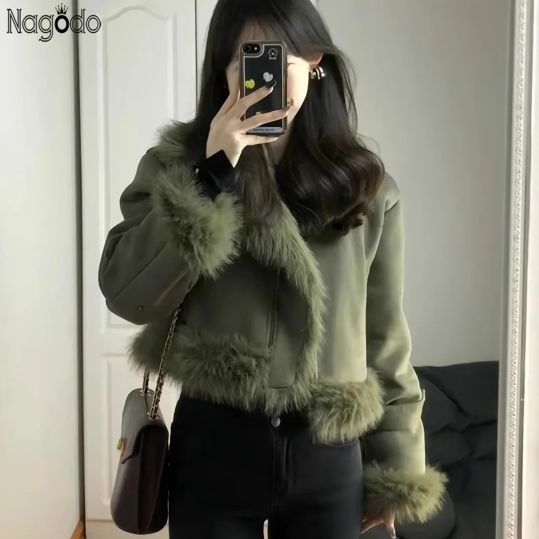 2024 Spring Winter Outwear Korean s Chic Y2k bomber jacket Fashion Warm Faux Fur Coat Women Casual Long Sleeve short Jackets