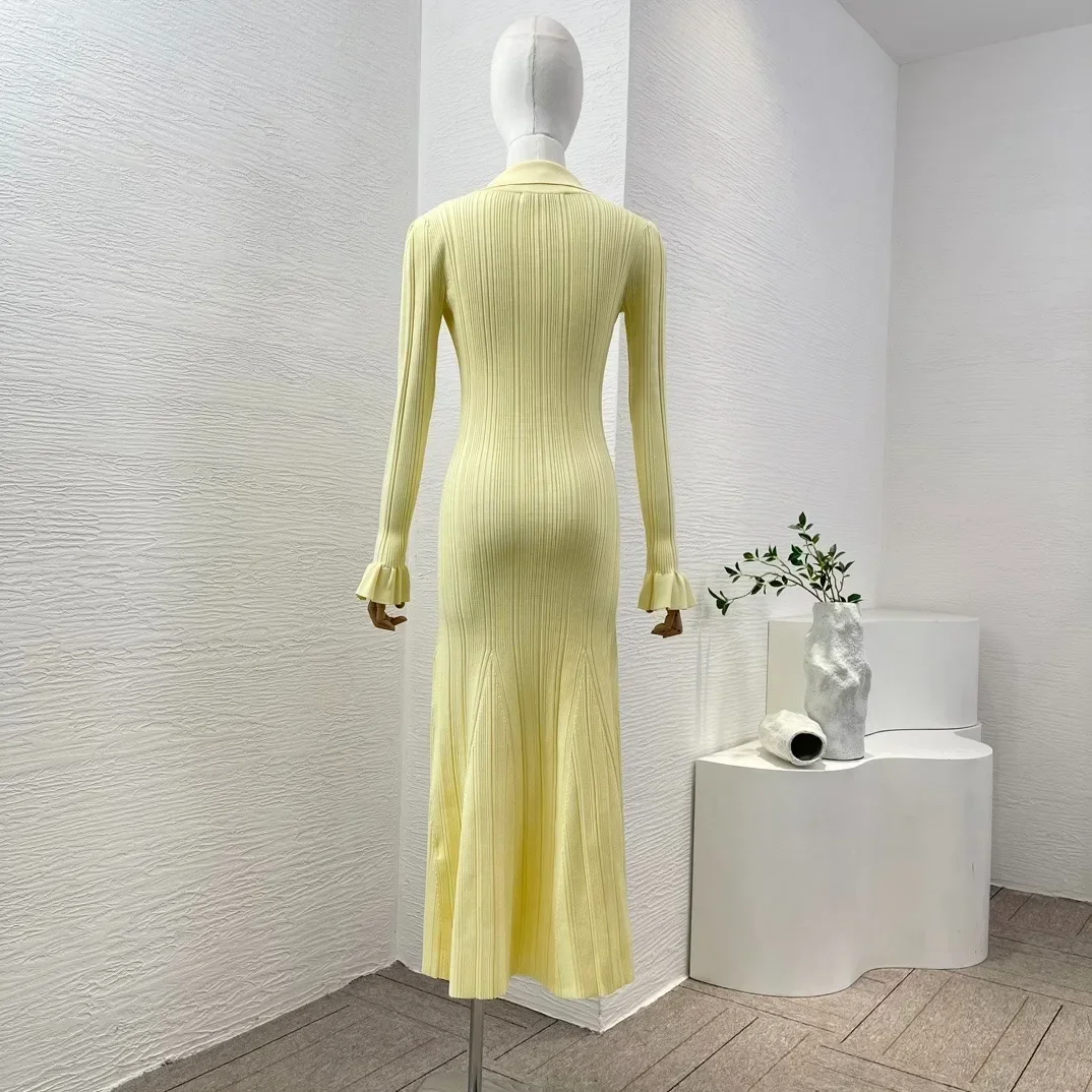 Vestido Midi de manga comprida amarelo slim fit feminino, vestido sereia, roupa de alta qualidade, novo, 2022