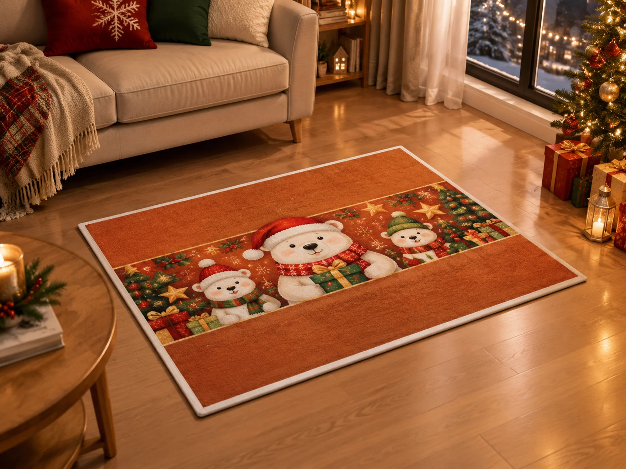 VIKAMA Christmas Amber Brown Polar Bear Flannel Door Mat, Soft Flannel Non-Slip Mat, Xmas Decor for Nursery, Kids Room, Office