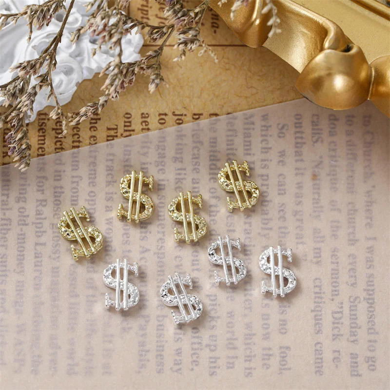 10Pcs Gold/Silver 3D Nail Art Charms Money Dollar Metal Nail Decorations For Acrylic Nails Alloy Ornaments Accessories