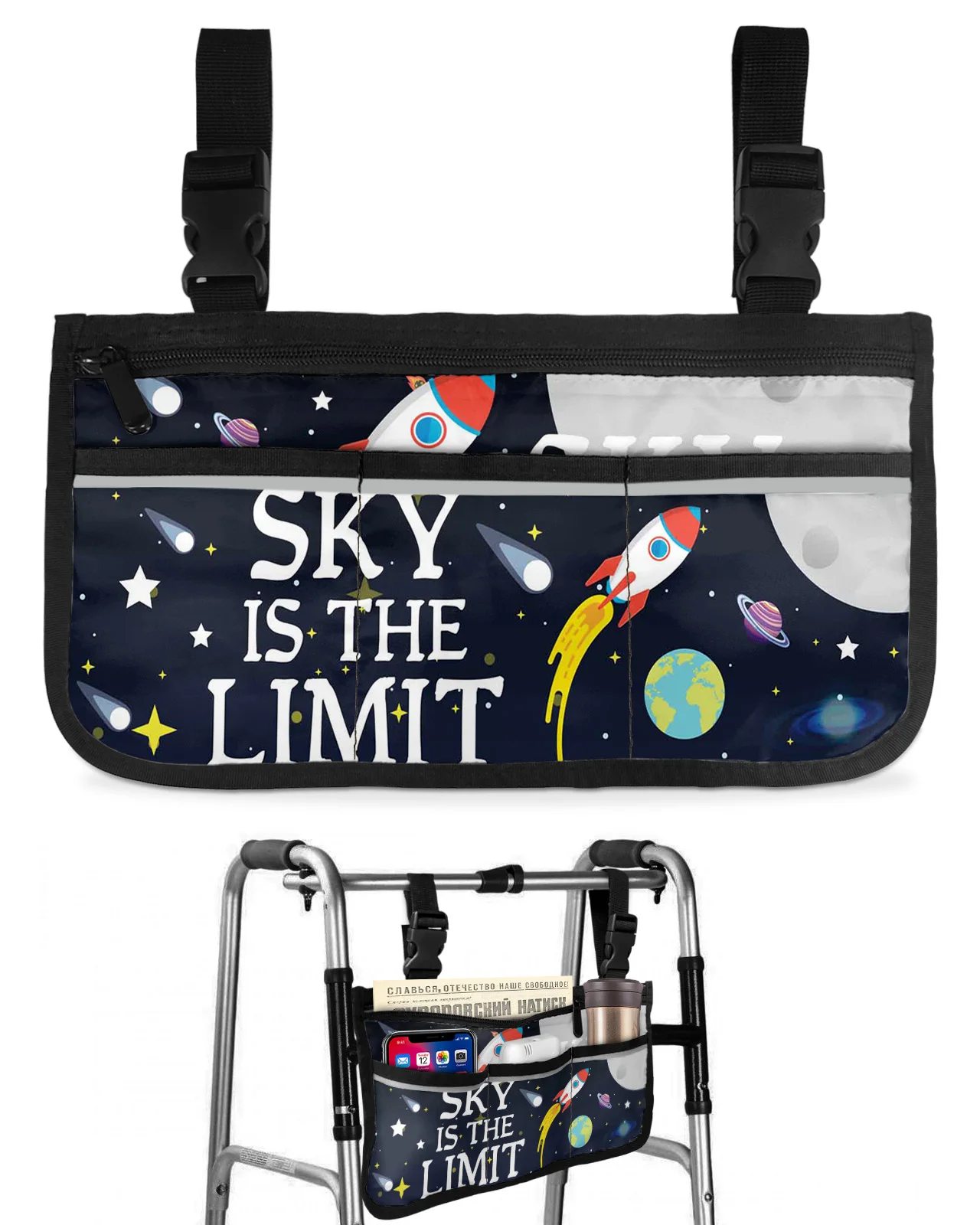 Space Universe Planet Rocket Starry Sky Wheelchair Bag Armrest  Side Bags Electric Scooter Walking Frame Storage Pouch