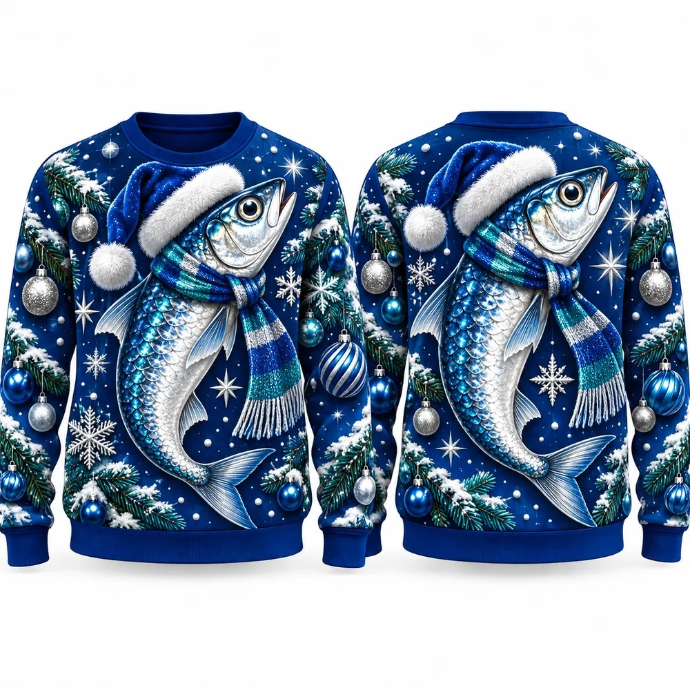 Christmas Sardine Ugly Christmas Sweater for Men Women Festive Holiday Party Crewneck Pullover Long Sleeve Gift Sweaters