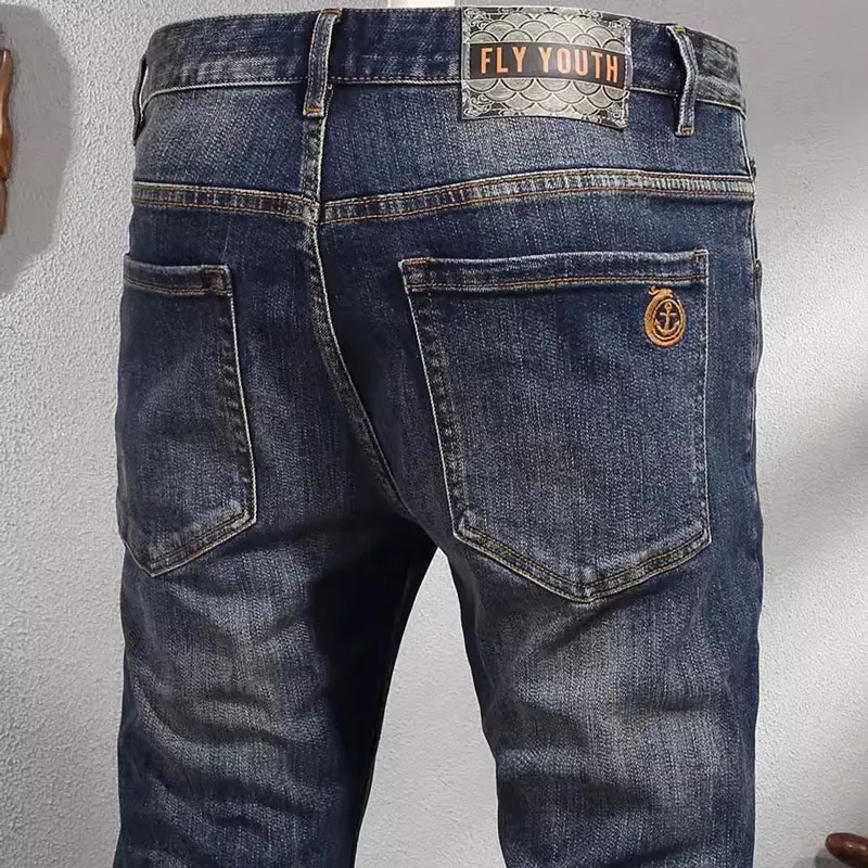 Fashion Designer Men Jeans High Quality Retro Washed Blue Stretch Slim Fit Casual Jeans Men European Vintage Denim Pants Hombre