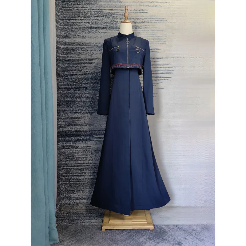 HUISONG Elegant Woman High-end Noble Style Trench Fake Two-Piece Spliced Embroidery Tall Slimming Stand Collar Long Coat Female