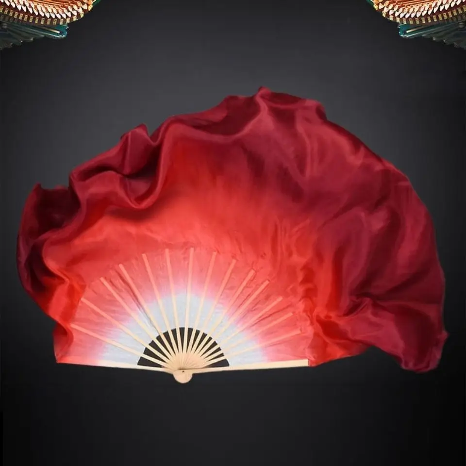 Simulation Silk Gradient Wine Red Dance Fan Stage Performance Classical Dance Lengthened Yangko Big Folding Fan Photography Prop