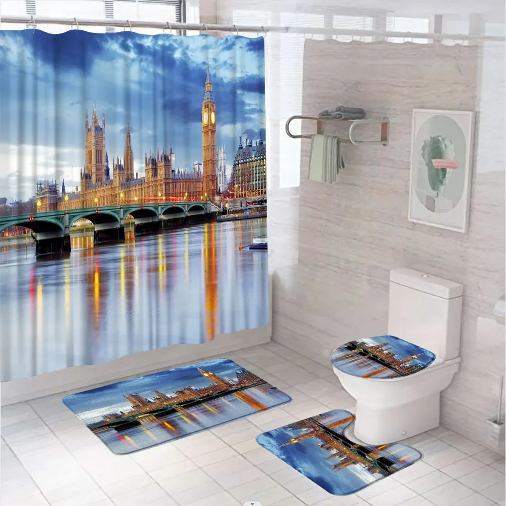 New York Shower Curtain Sets Manhattan Skyscrapers Urban Global Culture City Building Bathroom Decor Bath Mats Rug Toilet Cover