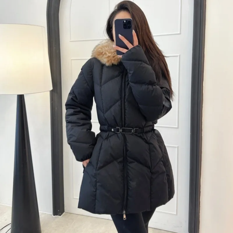 Autumn and winter female Fox fur collar hooded Down jacket Y2K Casual jacket Slim-fit belt warm Fashion clothing movement coat