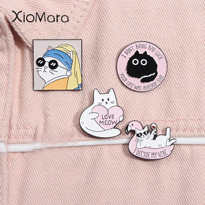 Cute Cat Oil Painting Enamel Pin Cat With Pearl Earring David Meowie Bowie Kitten Brooch Lapel Artist Badge Jewelry For Friends