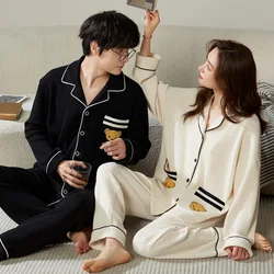 Autumn Winter Couple Men and Women Cotton Sleepwear Turn-down Collars Long Sleeve Pants Solid Nightwear Suit