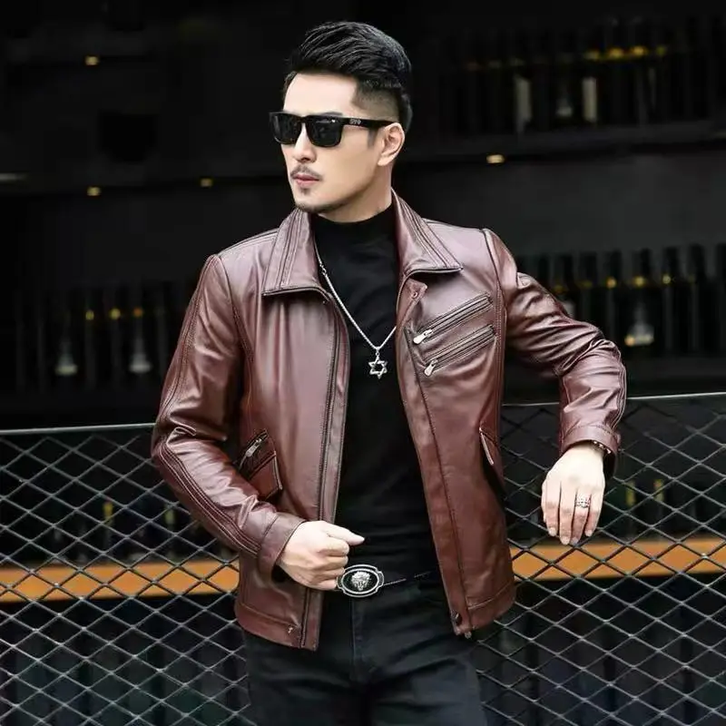 

2023 Men Spring Autumn New Zippers Real Leather Coats Men's Slim Genuine Leather Jackets Male Motorcycle Lapel Overcoats F316