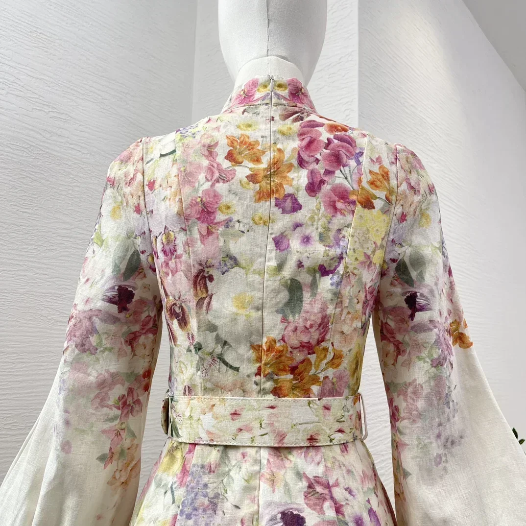 

Long Lantern Sleeve Belted Linen High Quality Women Midi Dress 2025 Vintage New White Floral Print