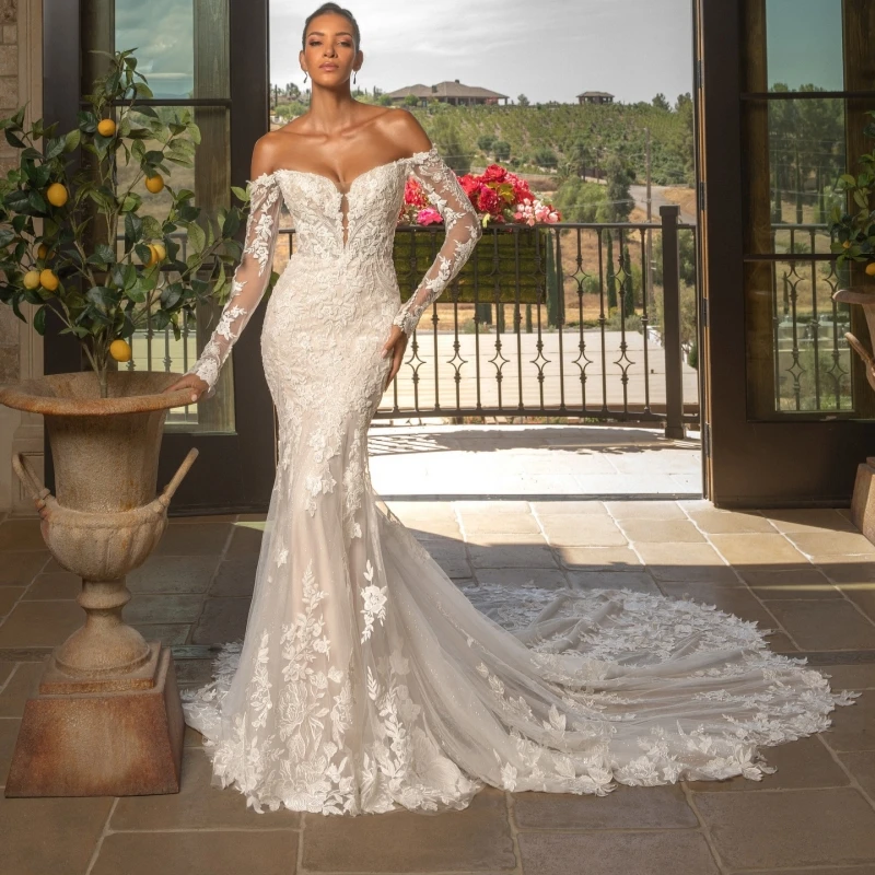 Luxury Light Champagne Dubai Arabic Mermaid Wedding Dresses Applique Lace Tull Long Sleeves Court Train Wedding Dress Bridal Gow