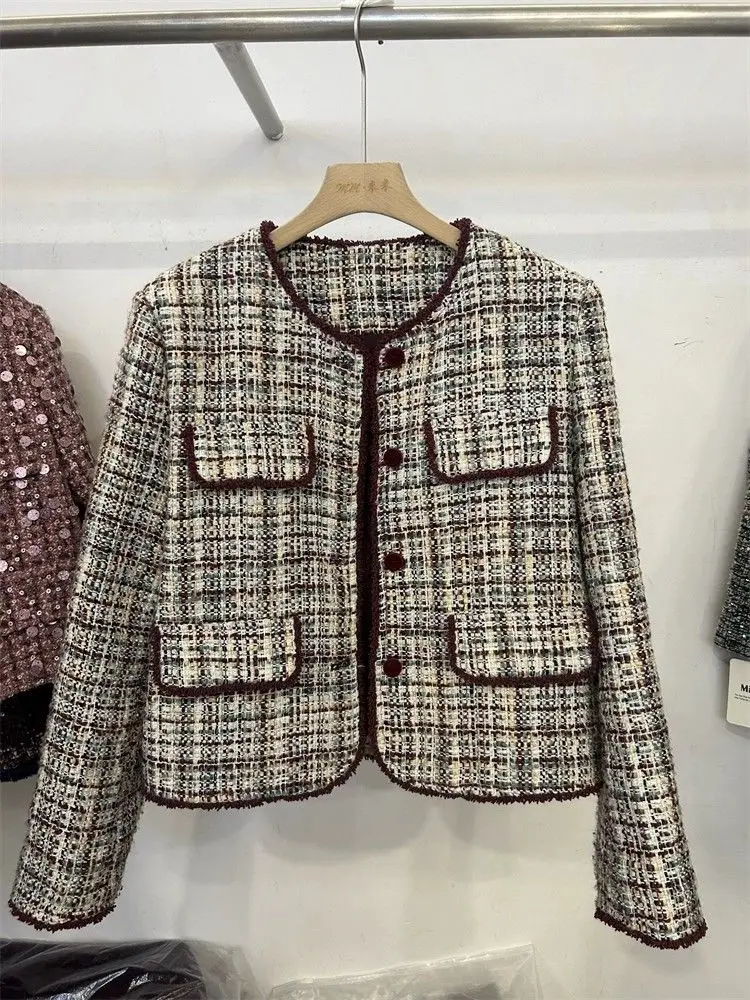 French High-end Short Braided Fragrant Jacket for Women Autumn New Plaid Red Stitching Petite Top