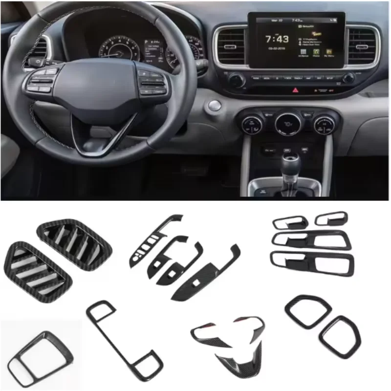 

LHD For Hyundai Venue 2019 - 2022 ABS Carbon Fiber Gear Shift Panle Cover Trim Window Glass Lift Button Switch Cover Frame