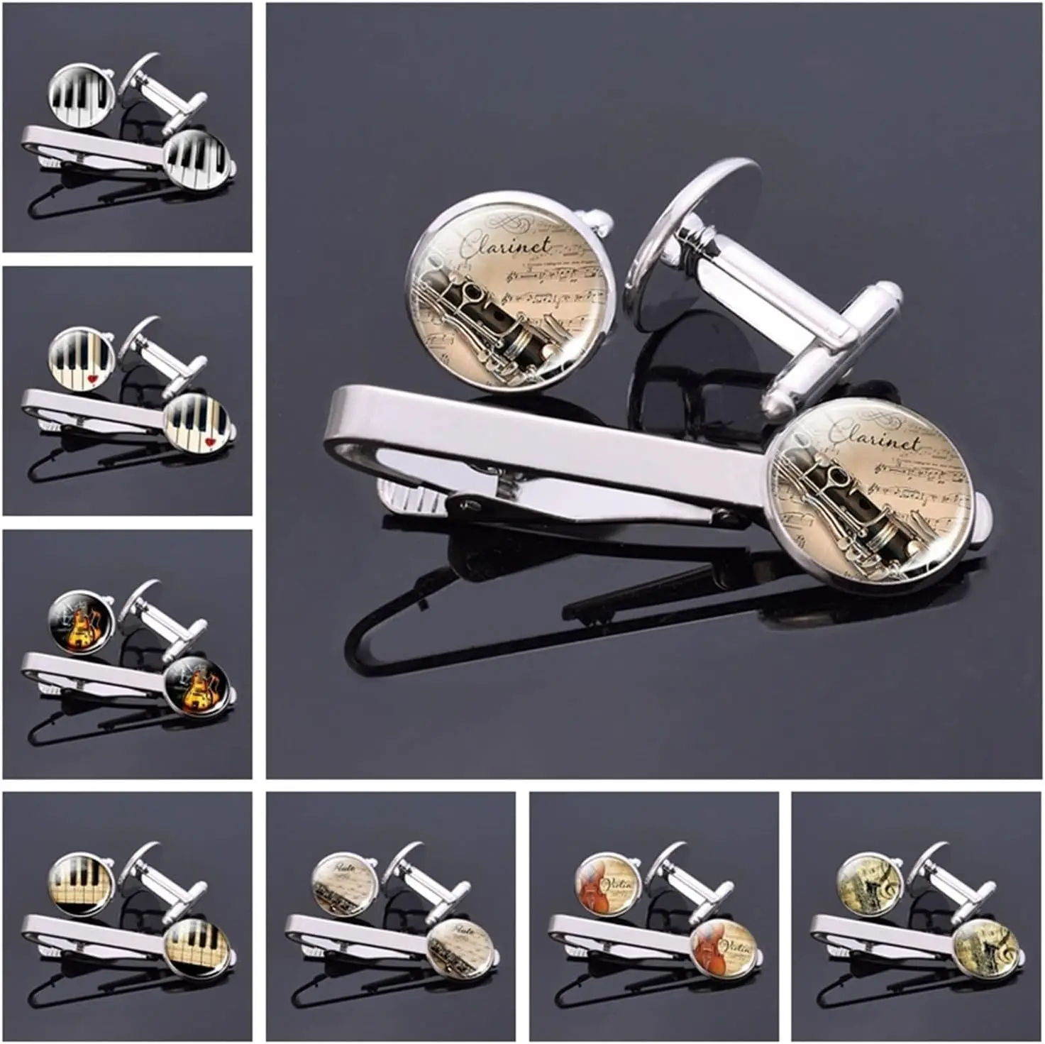 4 Sets, Mens Music Instrument Jewelry Clarinet Flute Pattern Glass Cabochon Cufflinks And Tie Clips Set For Men