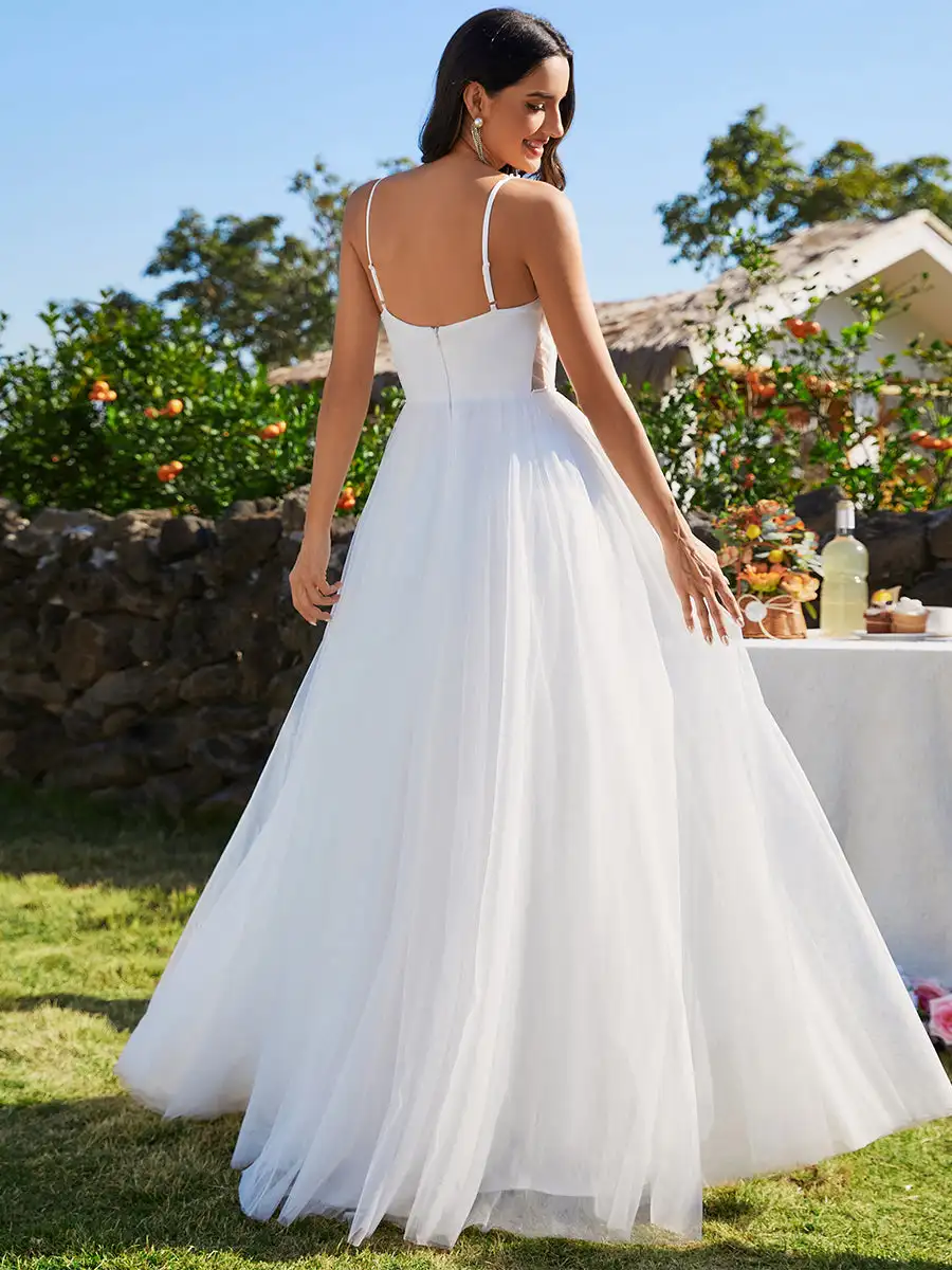 Elegant Wedding Dresses Spaghetti Straps Sleeveless Tulle Pearl Beaded 2024 Ever Pretty of White Prom Women Formal Dress