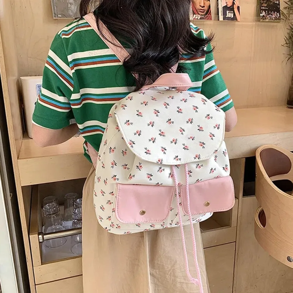 Mochila de lona con patrón de flores para niñas, bolsa de libros con cordón de gran capacidad, mochila de nailon para exteriores, moda