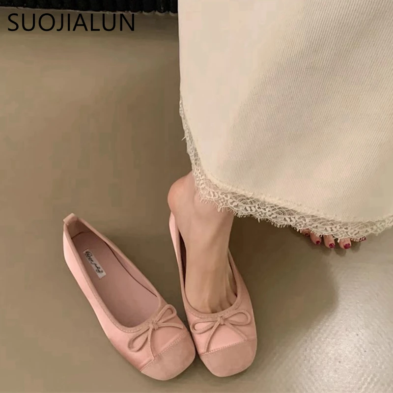 SUOJIALUN 2025 New Spring Women Flat Shoes Fashion Round Toe Shallow Slip On Ladies Ballet Shoes Soft Leather Eelgant Boat Shoes