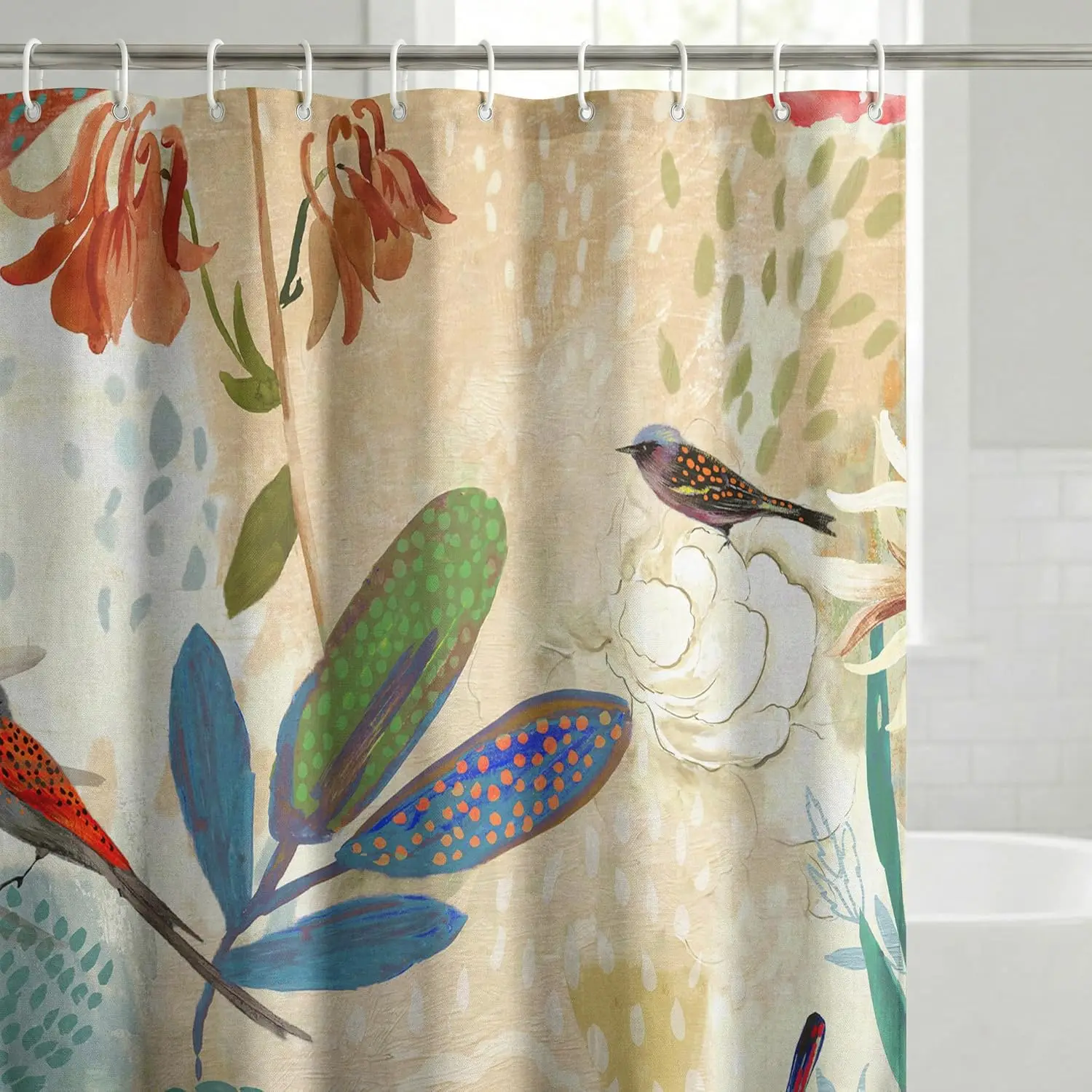 

Watercolor Bird and Flower Shower Curtain with Colorful Leaves Artistic Design for Bathroom