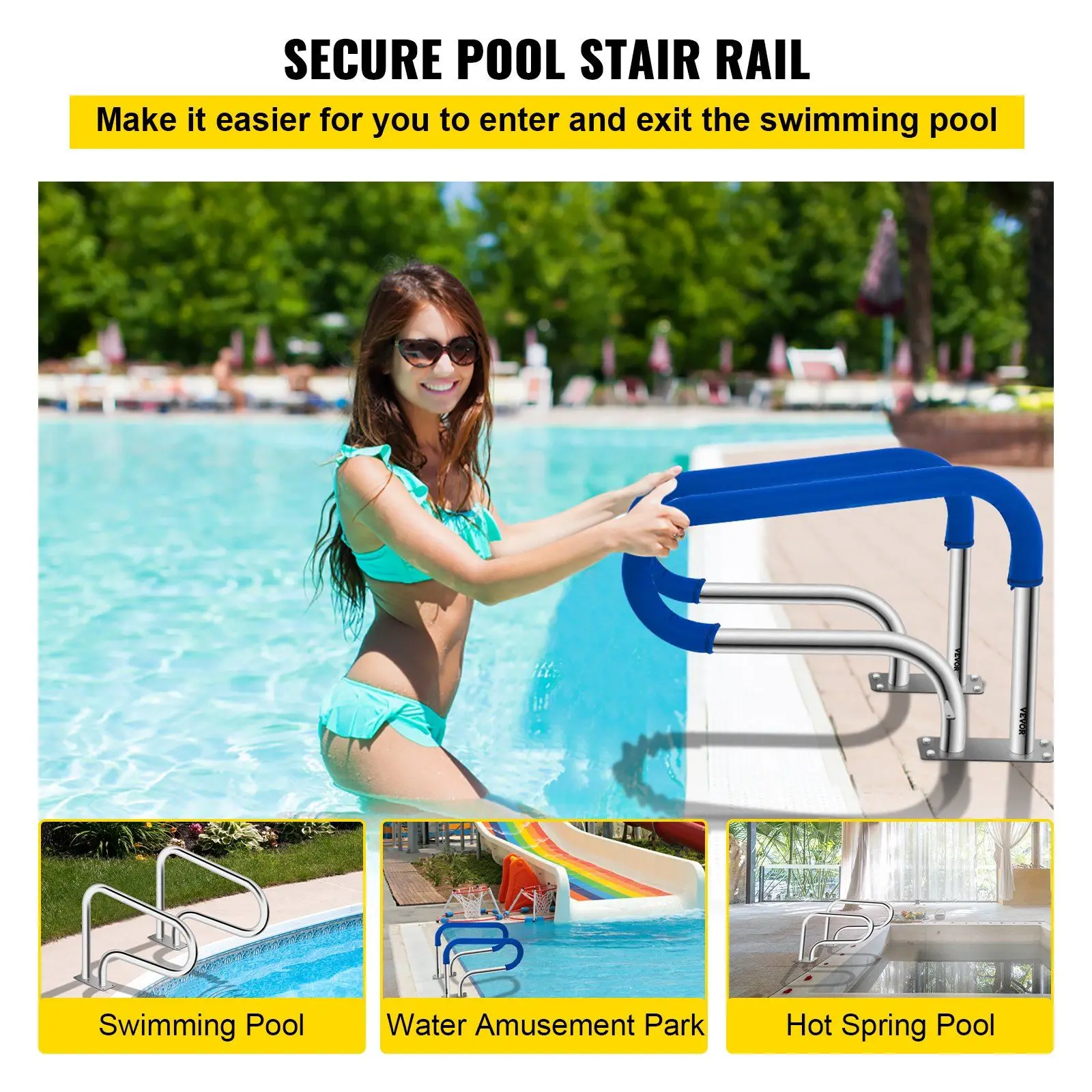 Pool Handrail, 32 x 22.5 Swimming Stair Rail, 304 Stainless Steel Hand Rated 375lbs Load Capacity, with Quick Mount Base Plate