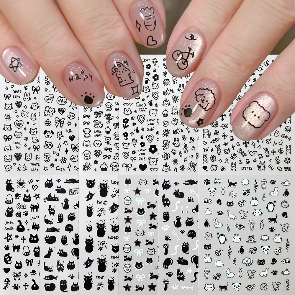 12 fogli Cartoon Black Cat Adesivi per unghie Set Azione multipla Kawaii Cucciolo Gattino Nail Art Decalcomanie Adesivo Bambini Manicure Decoratio