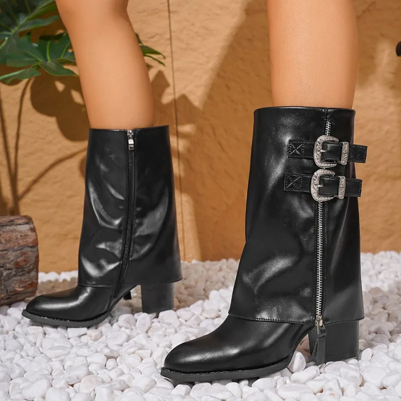 Women Gladiator Long Boots Trend Pointed Toe Mid Heels Shoes Elegant Winter New Knee High Woman Knight's Snow Botas Pumps Mujer