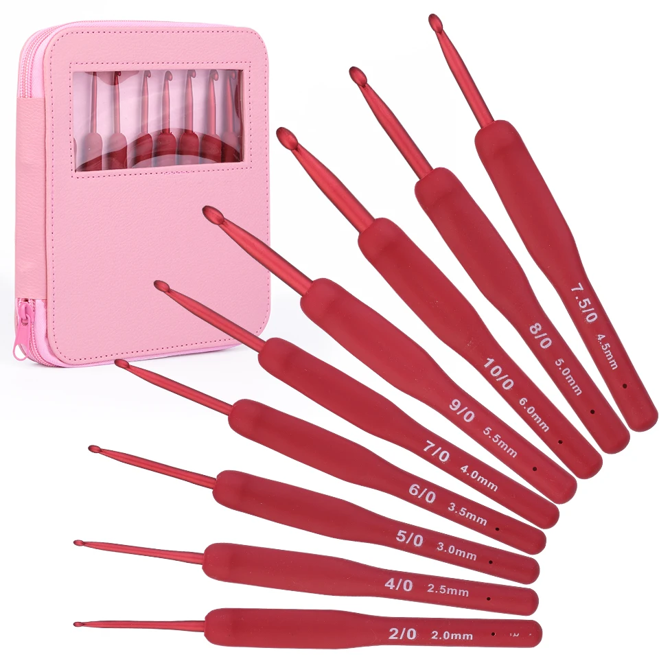 9Pcs Red Crochet Hooks Set with Silicone Handle Knitting Needles Tools with Pink PU Bag Size 2.0mm To 6.0mm