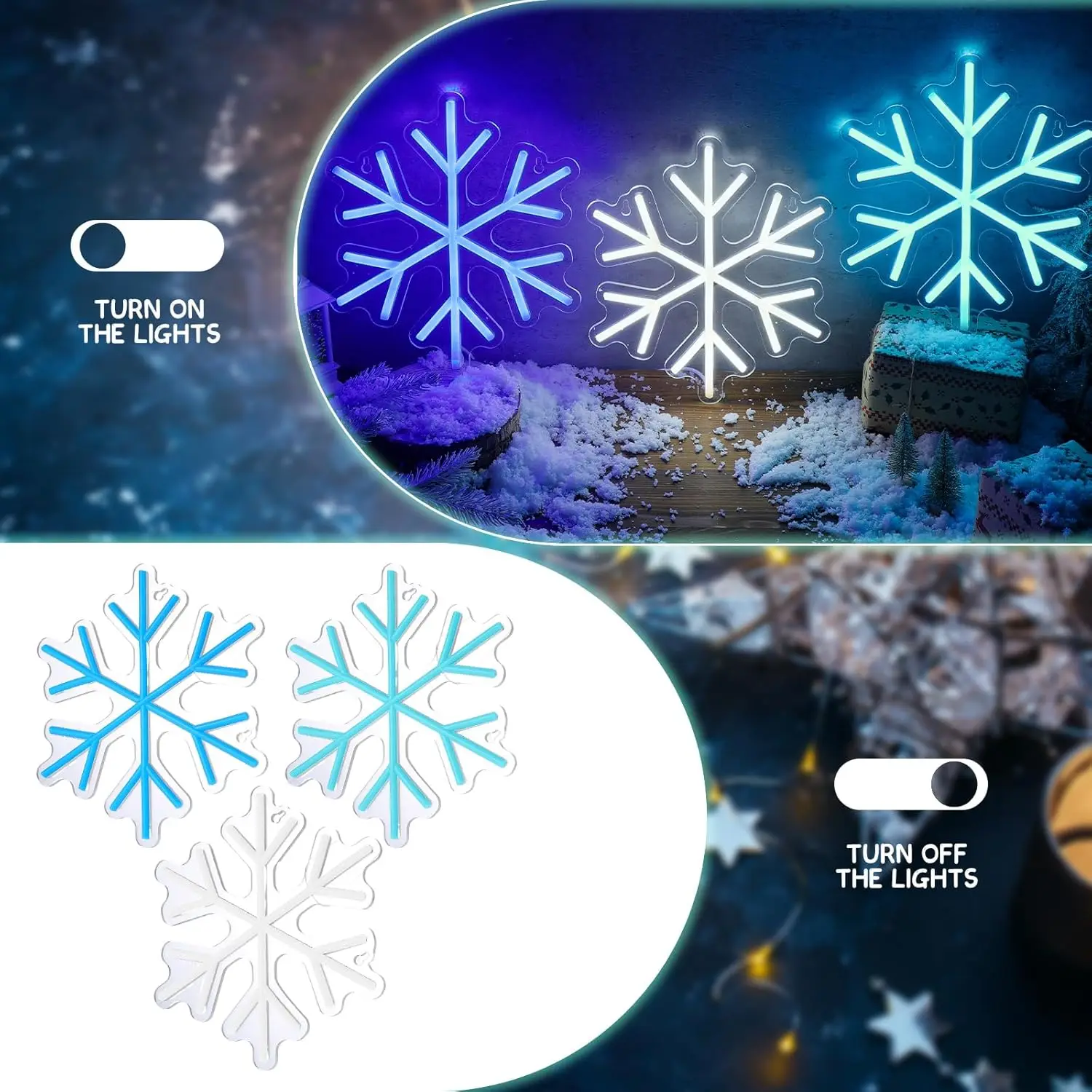 3pcs Snowflake LED Neon Signs, 9*7.9 Inch Snowflake Neon LED Lights Winter Neon Window Wall Bar Living Room Decoration Winter Ch