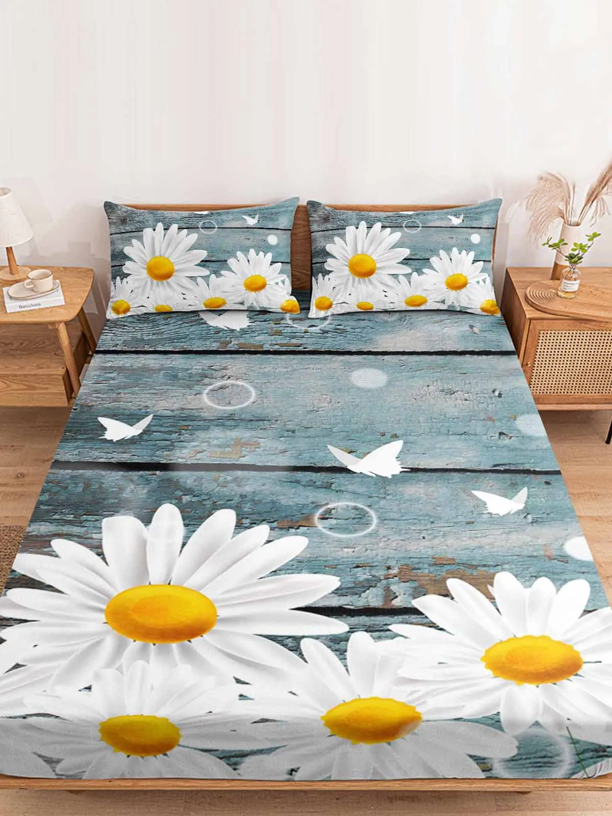 

Flower Butterfly Daisy Wood Grain Fitted Bed Sheet Cover Elastic Band Anti-slip Mattress Protector for Single Double King