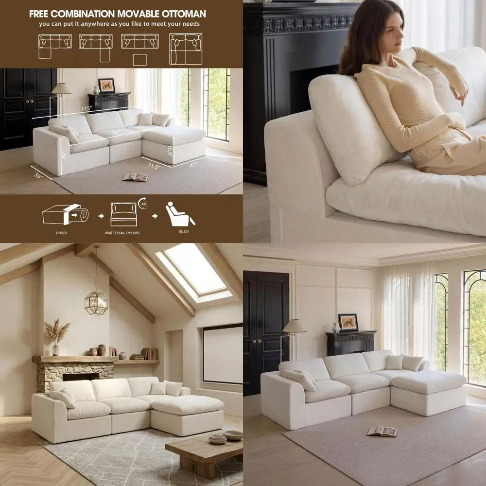 

Oversized 3 Seater L-Shape Couch with Ottoman, Cloud Sectional Living Room Sofa, Warm White