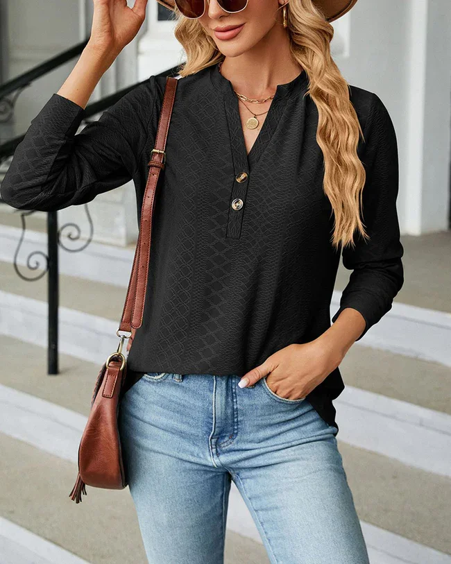 Blusa Casual Elegante de Manga Larga con Cuello en V para Mujer, Cuello Henley, Botones Decorativos, Textura Suelta, Túnica para Salir al Aire Libre
