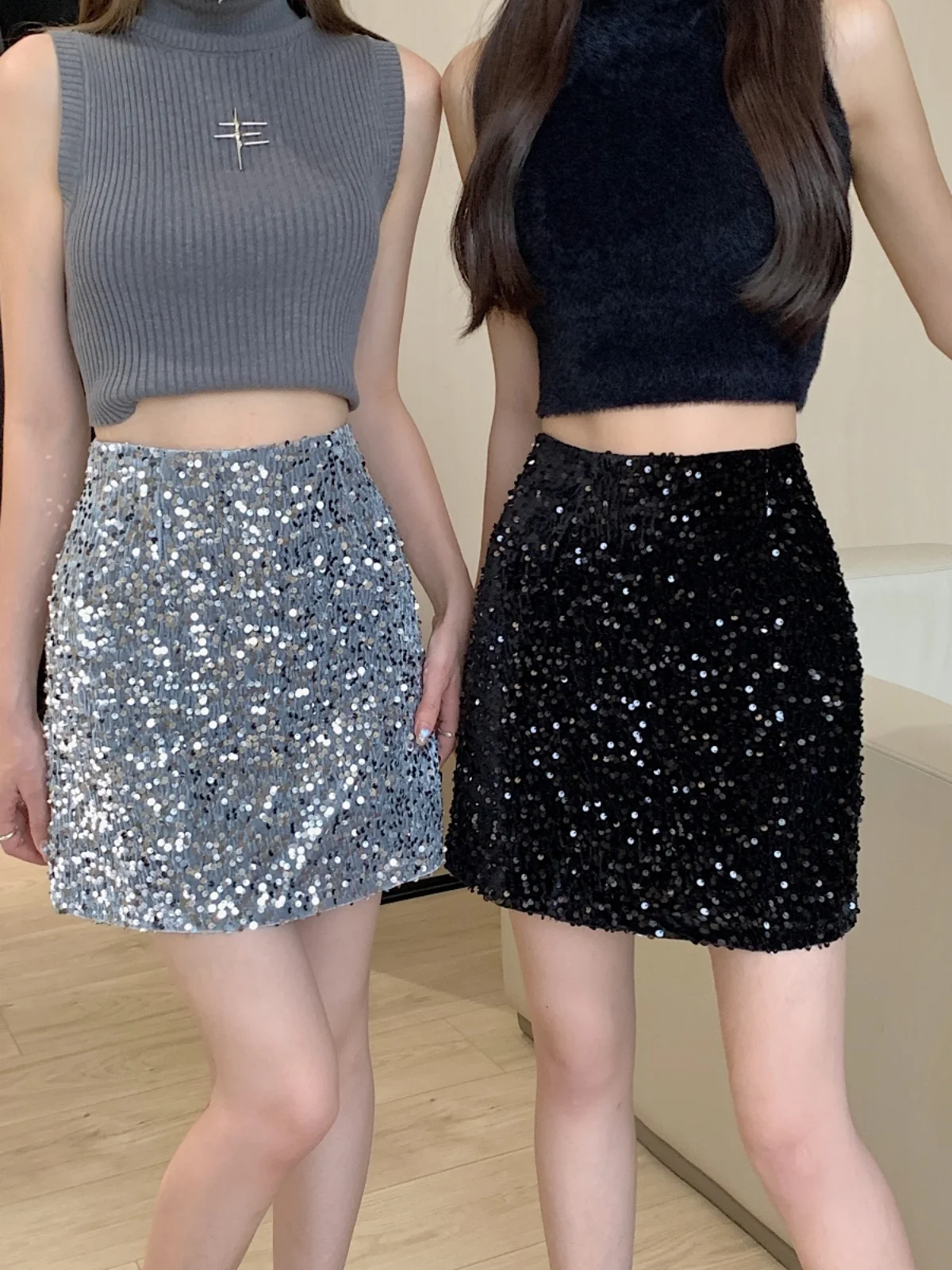 A-Line Sequined Length Autumn Women's Design Sense, Niche Silver Sparkling Sequin, Hip Hugging Half Skirt, Short Skirt