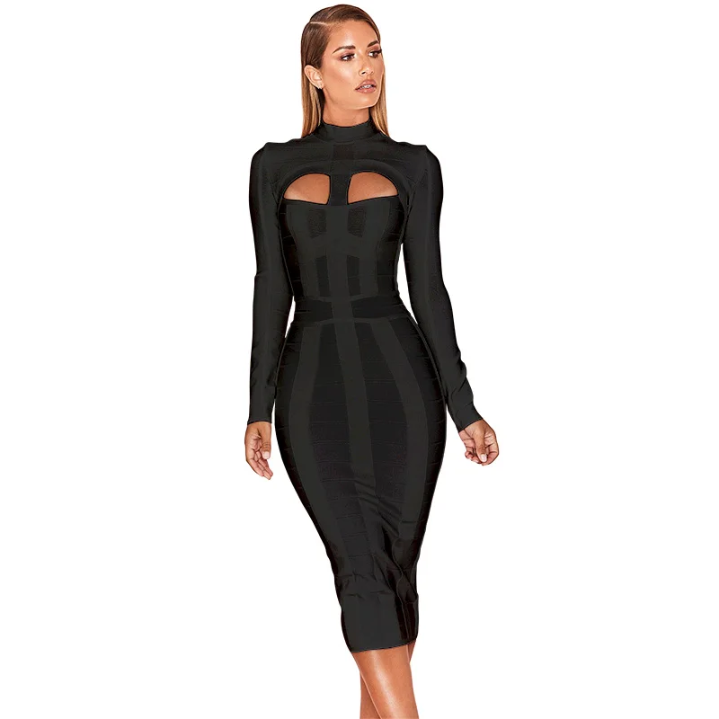 HQBORY Winter Long Sleeves sexy Hollow Out Knitted Bandage Dress mid-length Women Hole Cut Out Black Bodycon Vestidos Red XL